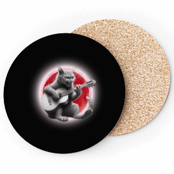 Discover Rock Cat Playing Guitar Coasters under the red moon