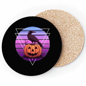 Discover Raven Crow On Pumpkin Vaporwave Halloween Pagan Ae Coasters