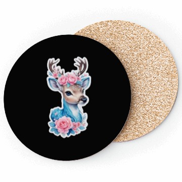 Discover cute deer blue blossom pink rose Coasters