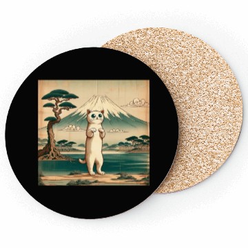 Discover Mt. Fuji Kitten Papyrus Scroll Retro Japanese Art Coasters