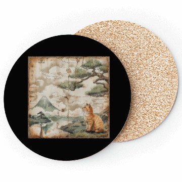 Discover Mt. Fuji Kitten Papyrus Scroll Retro Japanese Art Coasters