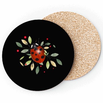 Discover red glowing ladybug with green leaves Coasters