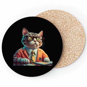 Discover 3D Business Cat Analyzes Charts - Design Coasters