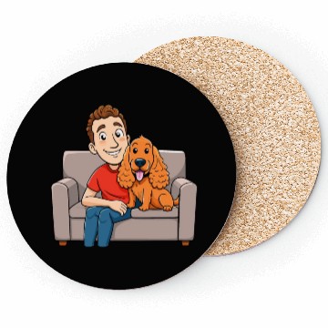 Discover Loving Cocker Spaniel Cuddling on Couch Cartoon Ar Coasters