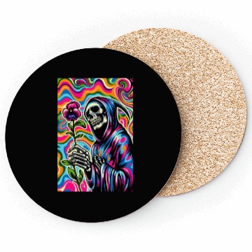 Discover Psychedelic Grim Reaper Holding Sweet Pea Flower Coasters