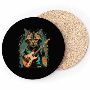 Discover Cat playing a guitar Coasters