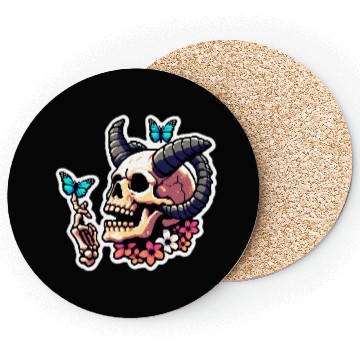 Discover Pixel Art Horned Skull enjoy the butterflies Coasters