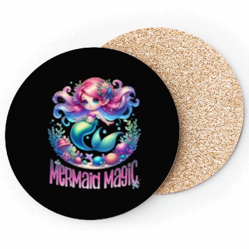 Discover Cute Mermaid Magic Graphic, Colorful Ocean Fantasy Coasters