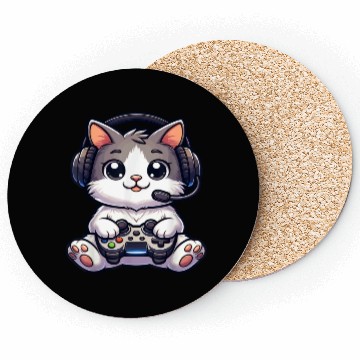 Discover Cute Gaming Cat Playing Console Video Game Coasters