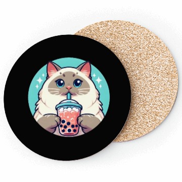 Discover Siamese cat having bubble tea Coasters