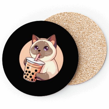 Discover Siamese cat having bubble tea Coasters
