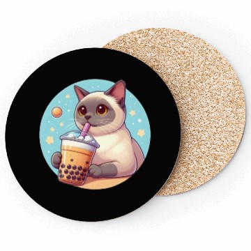 Discover Siamese cat having bubble tea Coasters