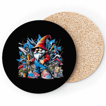 Discover Colorful, lively garden gnome surrounded by tools Coasters