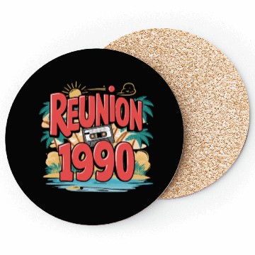 Discover Retro Reunion 1990 Cassette Tape Sunset Beach Coasters