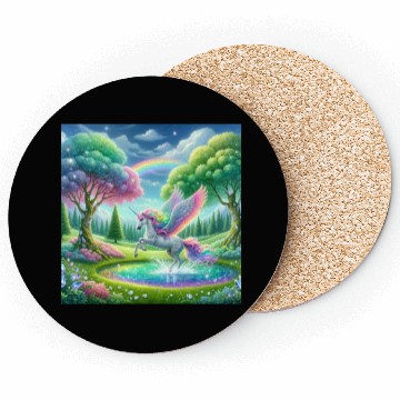 Discover Enchanted Rainbow Unicorn Over Sparkling Pond Coasters