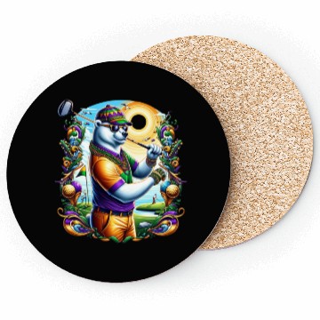 Discover Bear Golfer in Vibrant Mardi Gras Style Coasters