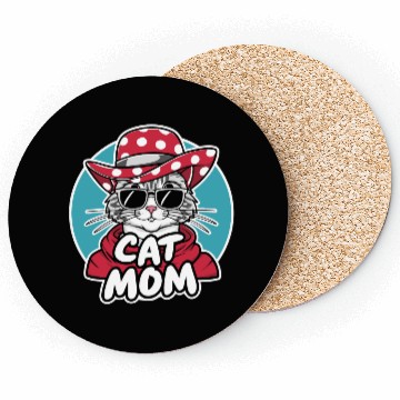 Discover Cat Mom Funny cat with sunglasses, hat and clothes Coasters