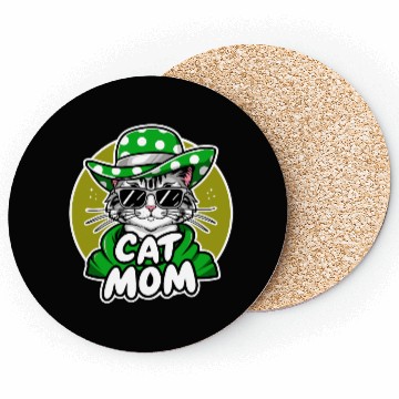 Discover Cat Mom Funny cat with sunglasses, hat and clothes Coasters