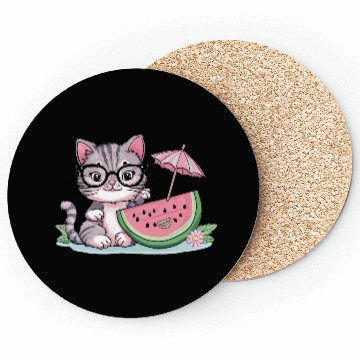 Discover cute kitten an watermelon slice vector illustratio Coasters