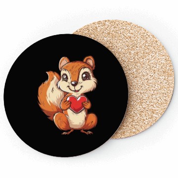 Discover Adorable Squirrel with Red Heart Illustration Coasters