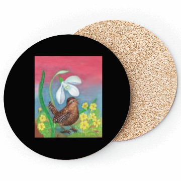 Discover White Snowdrop & Wren Bird in Spring Illustration Coasters
