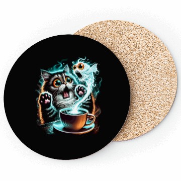 Discover Hilarious Scared Cat and Ghost Fish Design Coasters