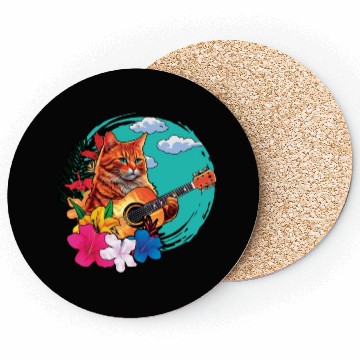 Discover Musician Cat Plays Guitar Instruments Rock Aloha Coasters