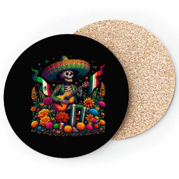 Discover Mexican Celebration Skeleton with Guitar Art Coasters
