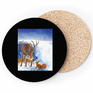 Discover Red Deer and Squirrel in Winter Illustration Coasters