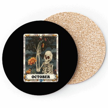 Discover October Gothic Tarot Card - Marigold Flower & Skel Coasters