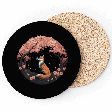 Discover Cherry Blossom Fox Mythical Kitsune with Butterfly Coasters