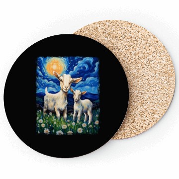 Discover Goats Farm Animals Farmer Starry Night Painting Coasters