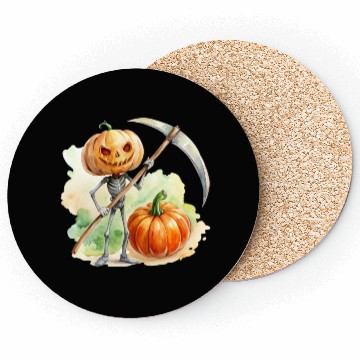 Discover Pumpkin headed skeleton wielding a menacing scythe Coasters