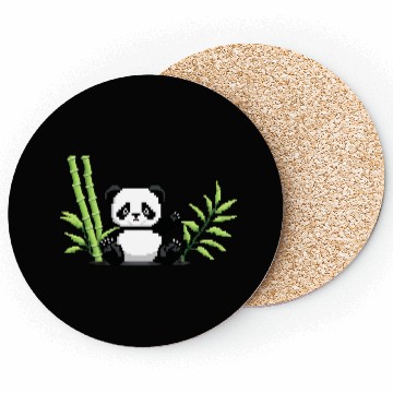 Discover A pixel art of a panda with a bamboo leaf Coasters