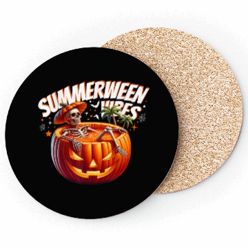 Discover funny Summerween Vibes Skeleton Pumpkin Summer Vac Coasters