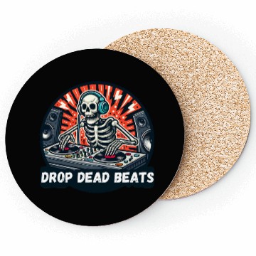 Discover Drop Dead Beats: Skeleton DJ Spinning Records Coasters