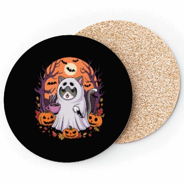 Discover Halloween Ghost Cat with Pumpkins Coasters