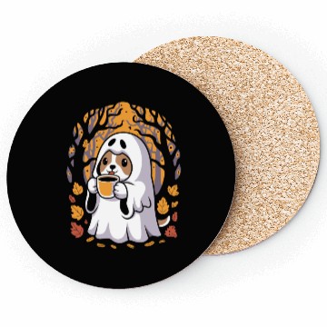 Discover Cute Ghost Dog Sipping Coffee Halloween Coasters