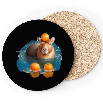 Discover Blissful Capybara in the Water with Oranges Coasters