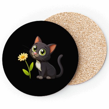 Discover Black kitten and yellow flower Coasters