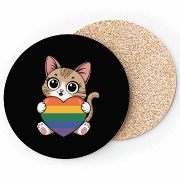 Discover Cute Cat Holding Rainbow Heart LGTBQ Coasters