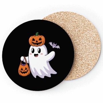 Discover Cute Halloween Ghost with Pumpkin and Bat Coasters