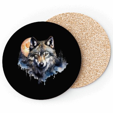 Discover Wolf Portrait Under Full Moon Design Coasters