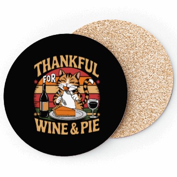 Discover Happy Cat Feasting on Wine and Pie - Thanksgiving Coasters