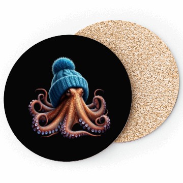 Discover An Octopus Wearing a Knitted Blue Winter Hat Coasters