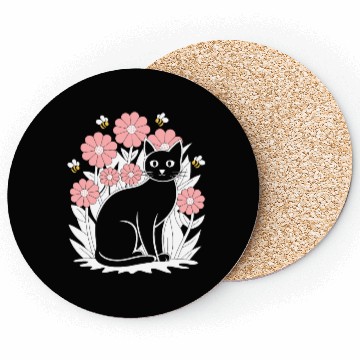 Discover Cottagecore Black Cat with Flowers and Bees Coasters