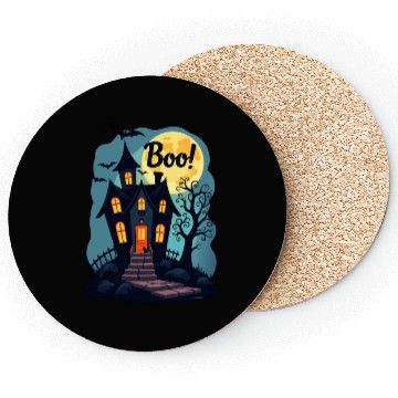 Discover spooky haunted house with a black cat sitting Coasters