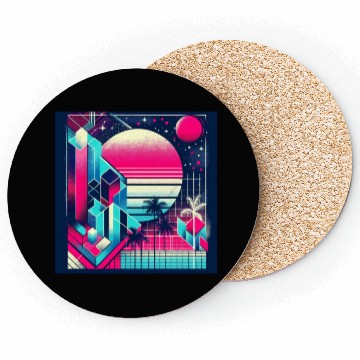 Discover "Retro Neon Cityscape: Geometric Risograph Design" Coasters