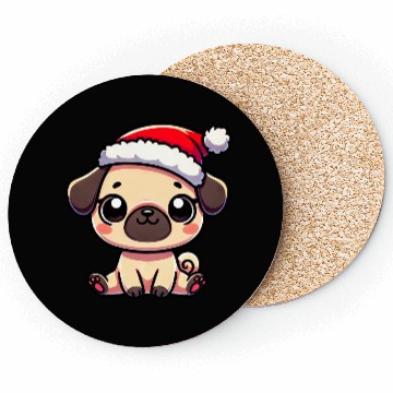 Discover Cute Christmas Pug Cartoon with String Lights Coasters