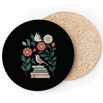 Discover Cottagecore Bird on Books with Flowers Delight Coasters